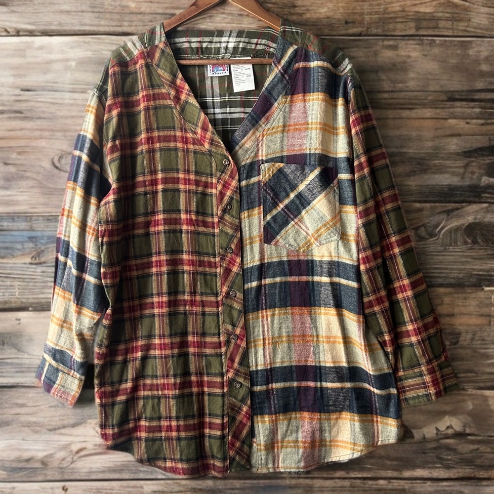 Backroad Blues Patchwork Mixed Plaid Flannel Shir… - image 1